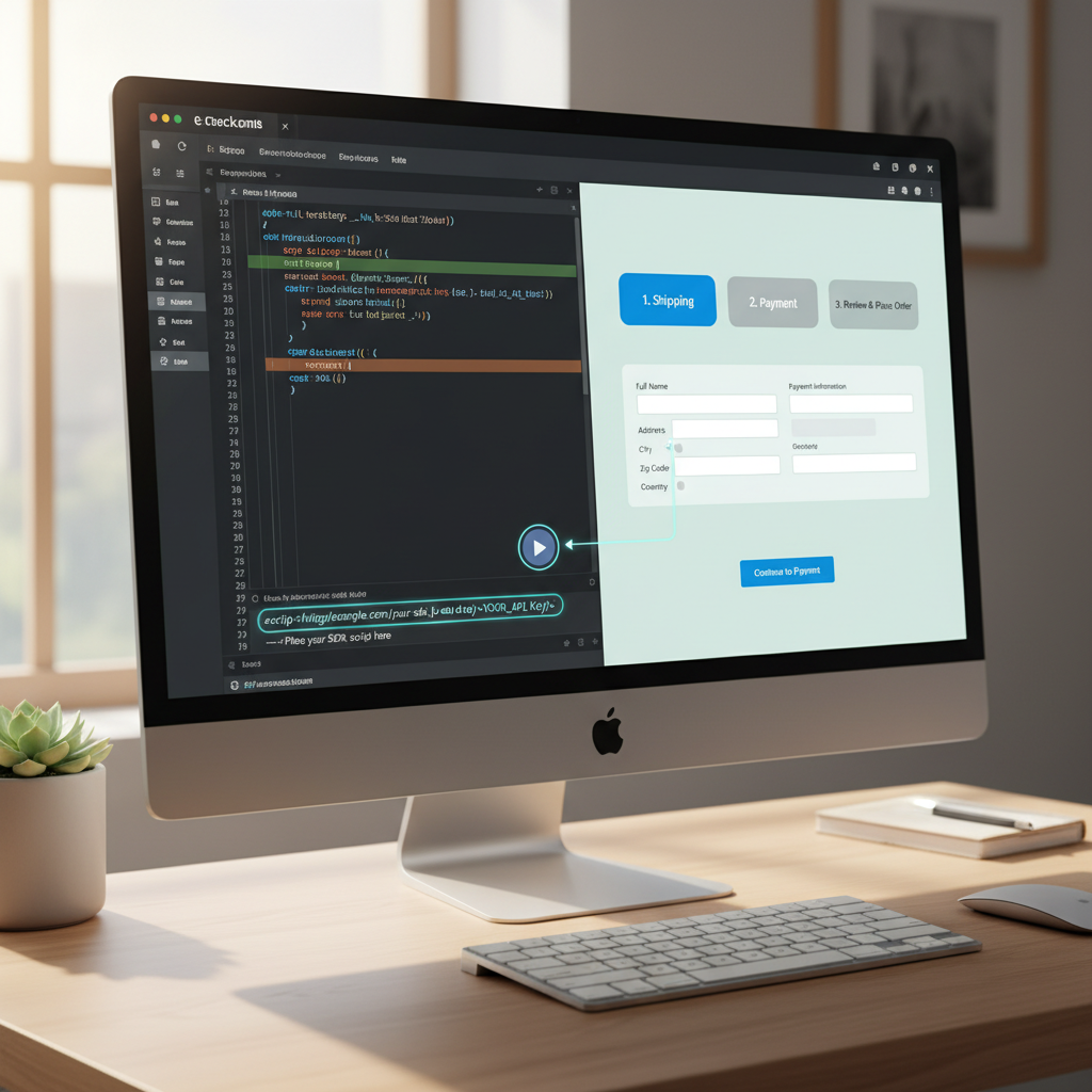 clean e-commerce checkout page HTML code snippet adding SDK script, professional web dev interface