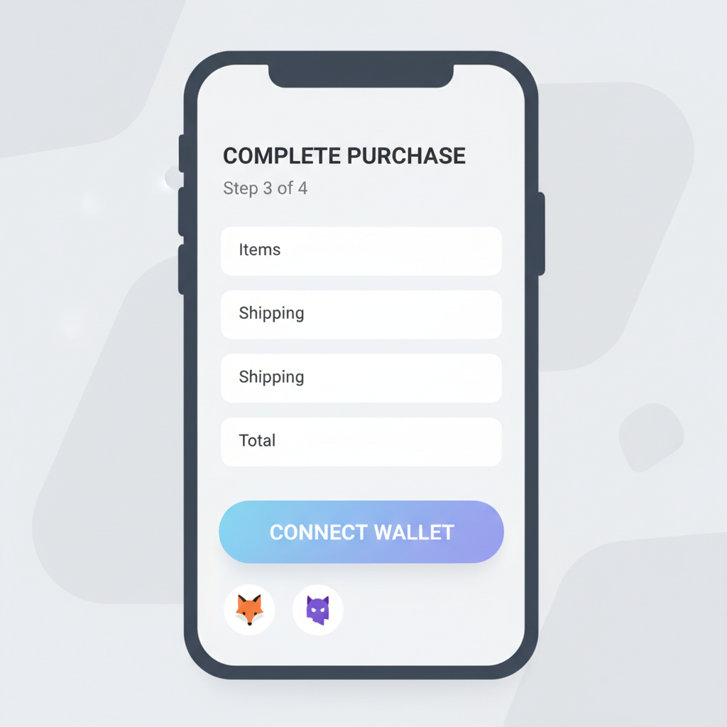 wallet connection icons for MetaMask and Phantom on checkout button, sleek mobile UI