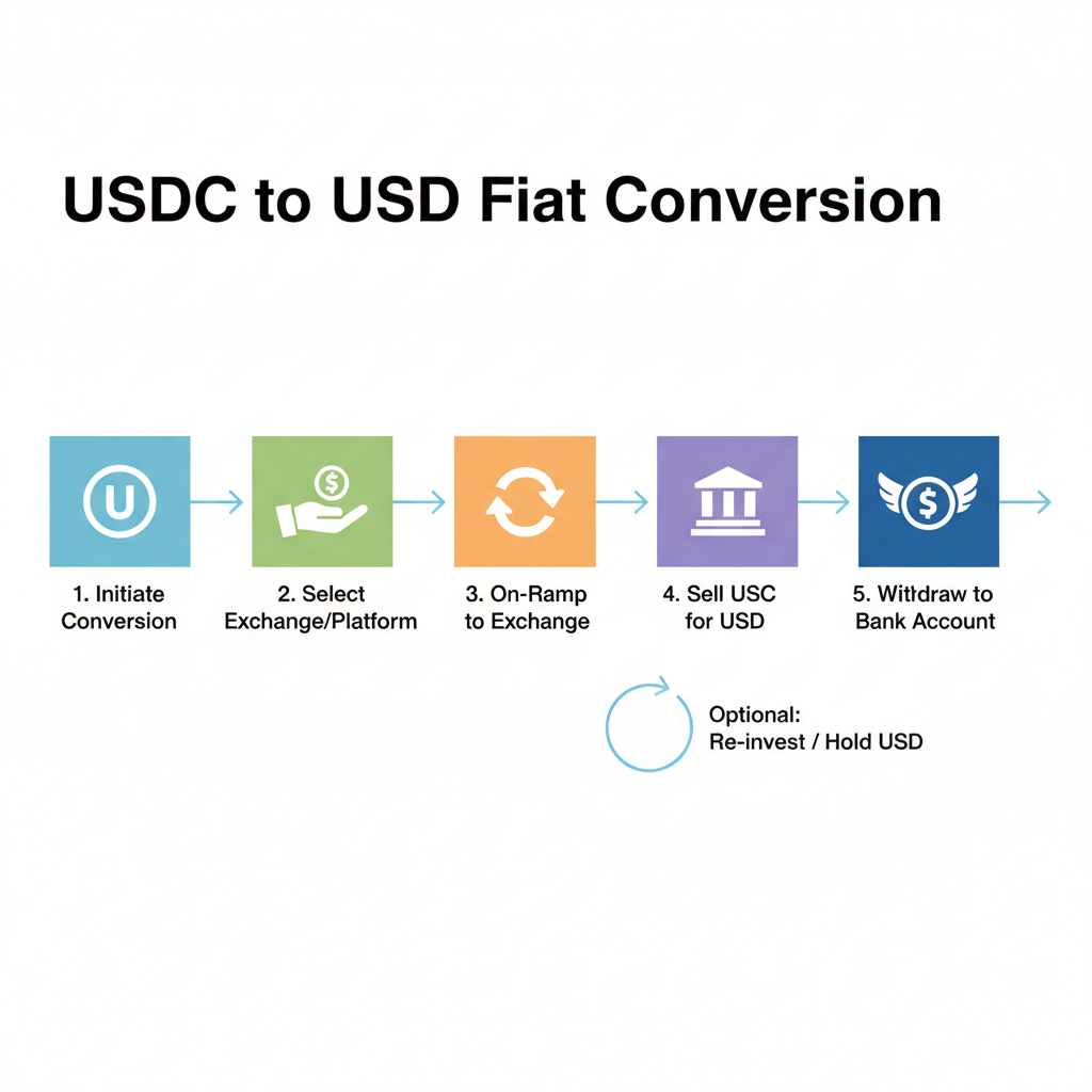 flow diagram USDC to USD fiat conversion, arrows and icons for stablecoin orchestration