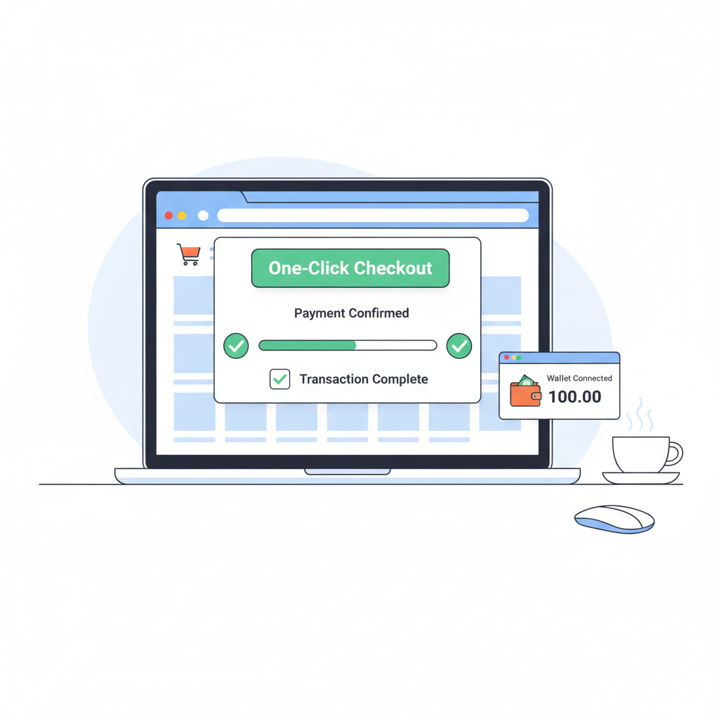 testing one-click stablecoin checkout on laptop screen, success checkmarks and wallet popup