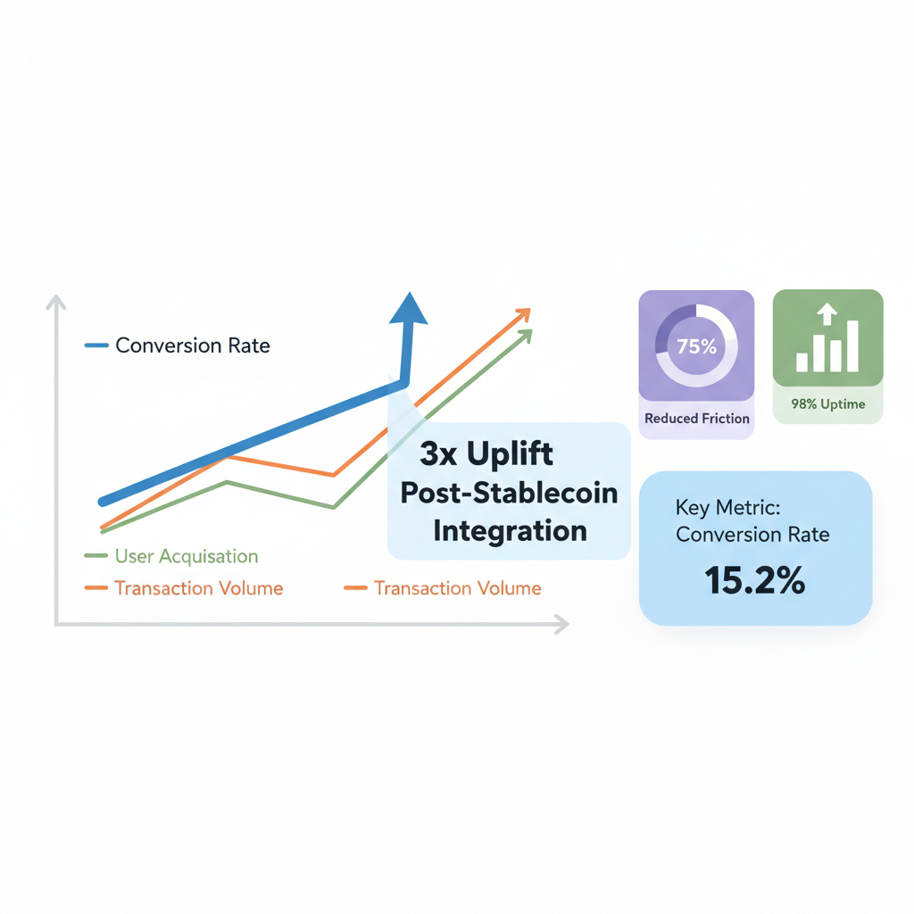 dashboard graph showing 3x conversion uplift post-stablecoin integration, charts and metrics