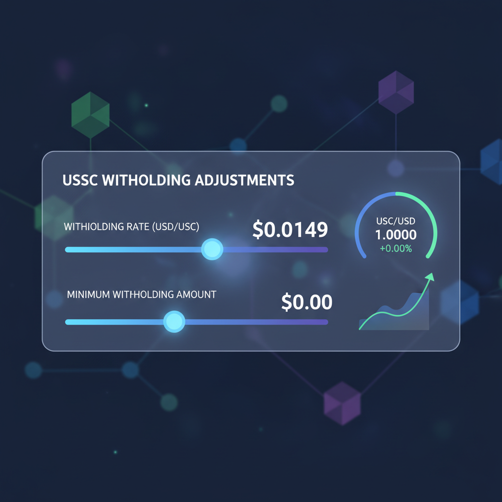 settings panel adjusting USDC withholding sliders at $0.0149, glowing price ticker, blockchain nodes in background, high-tech interface