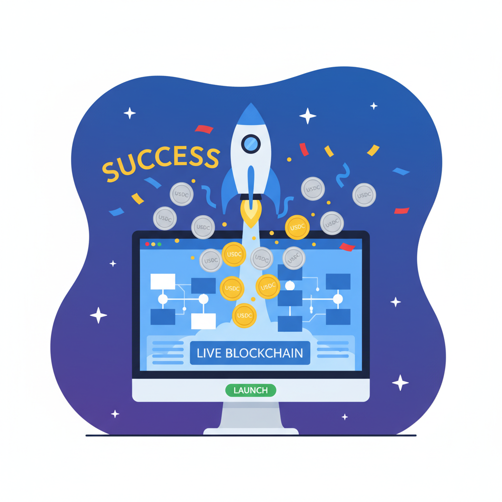 rocket launching from dashboard to live blockchain, USDC coins deploying, success confetti, epic space theme with stars