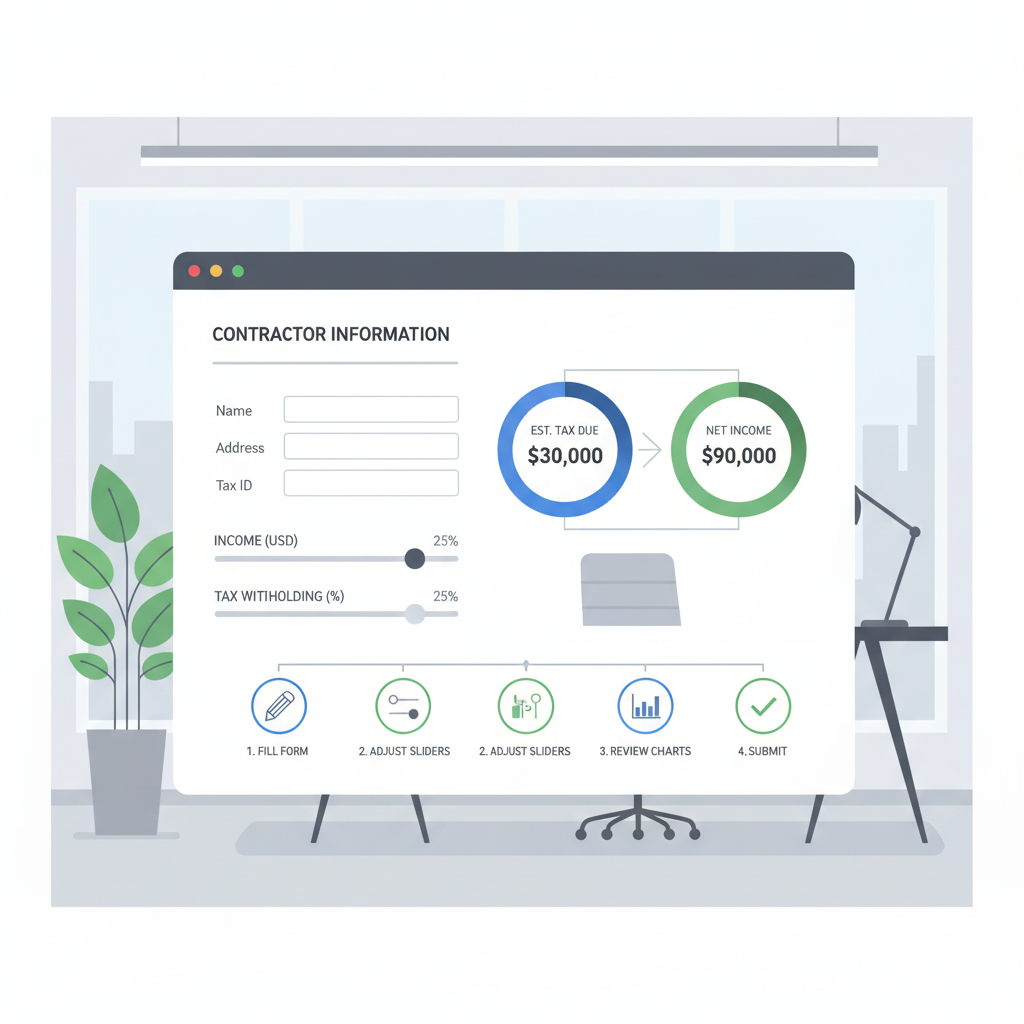 dashboard form filling contractor info and tax sliders, professional office setting, charts showing tax calculations, clean minimalist design