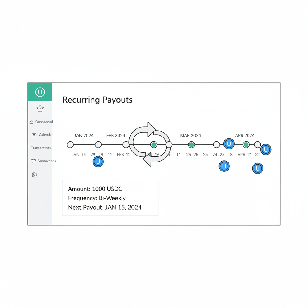calendar interface scheduling recurring USDC payouts, arrows looping bi-weekly, stablecoin icons flowing, elegant timeline view