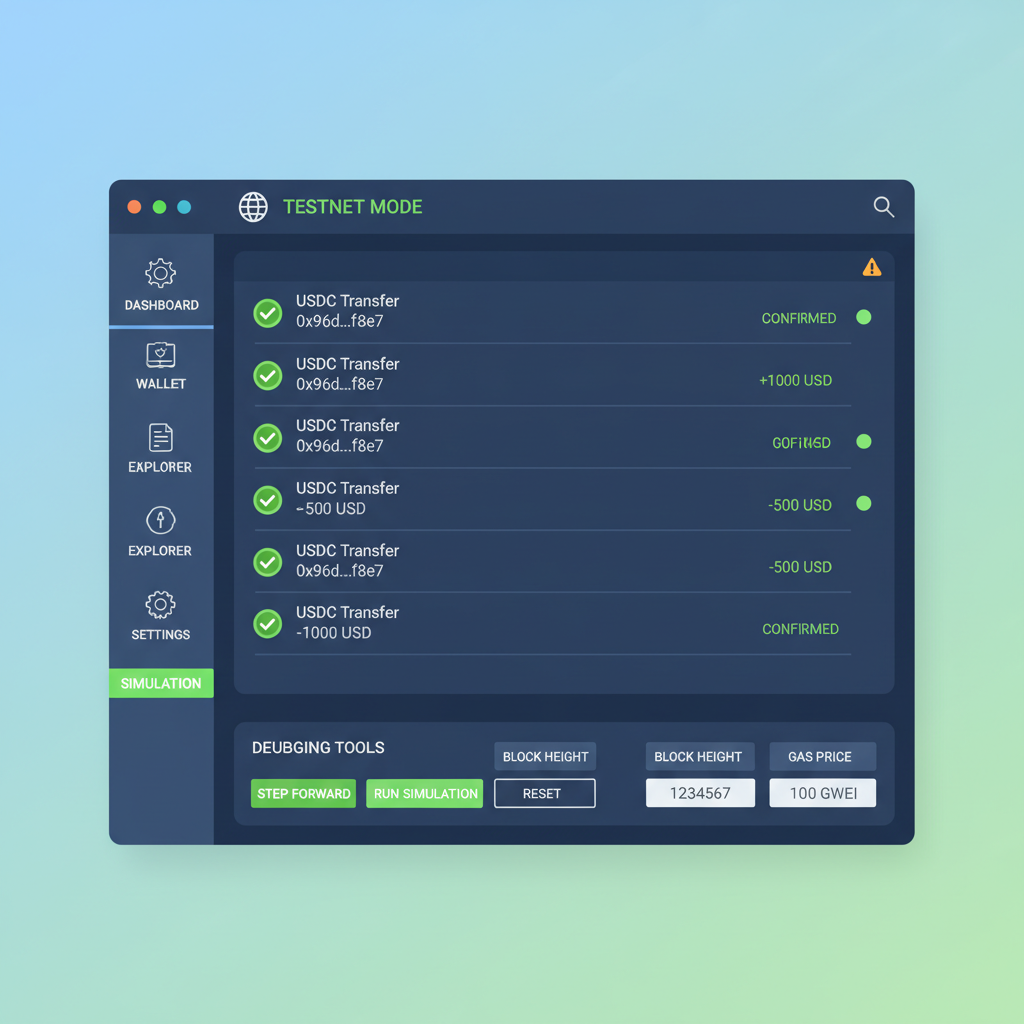 testnet simulation screen with green checkmarks, fake USDC transactions flowing, debugging tools visible, vibrant test environment
