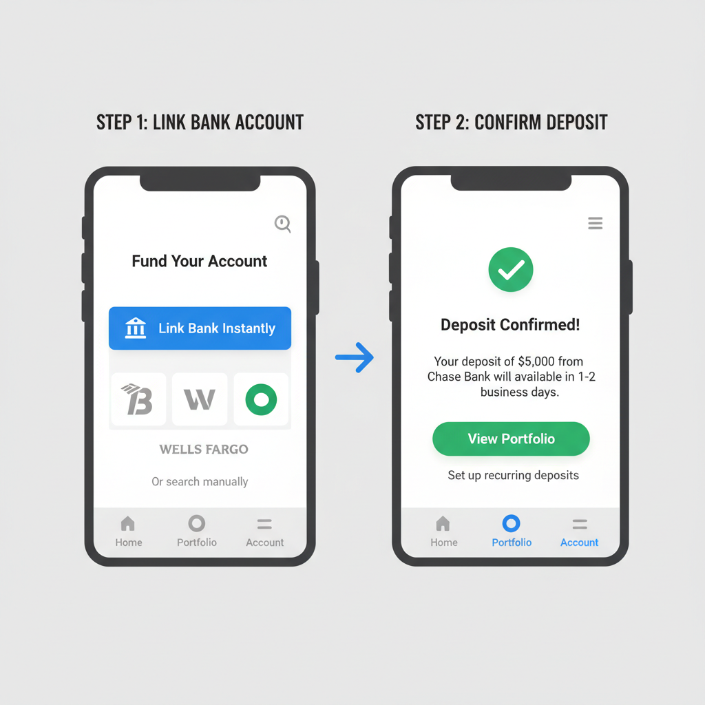 brokerage app interface showing bank link and deposit confirmation