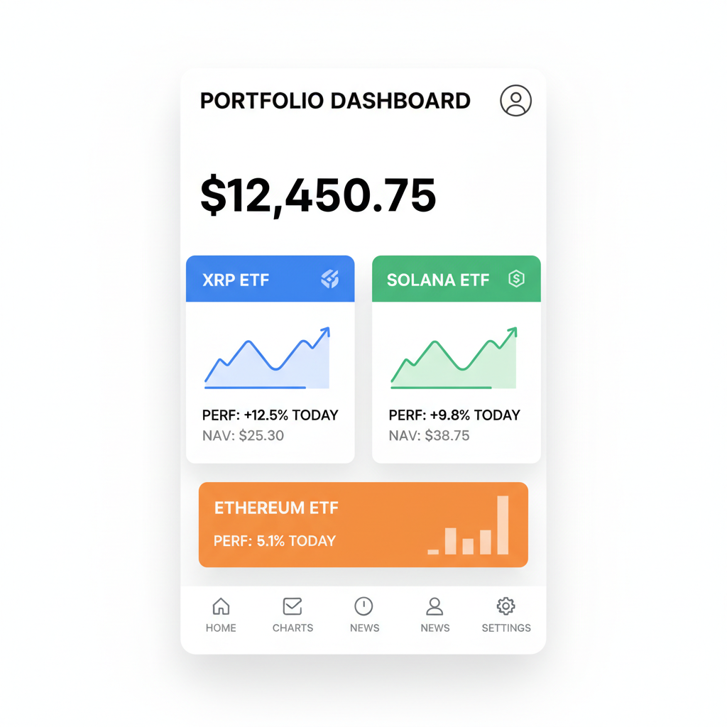 mobile portfolio dashboard showing XRP Solana ETFs with charts and performance metrics