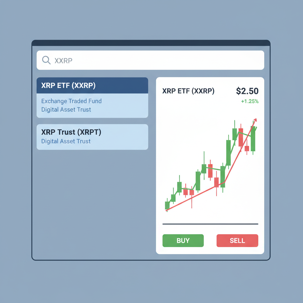 brokerage trading screen searching 'XXRP' with XRP ETF results and price chart