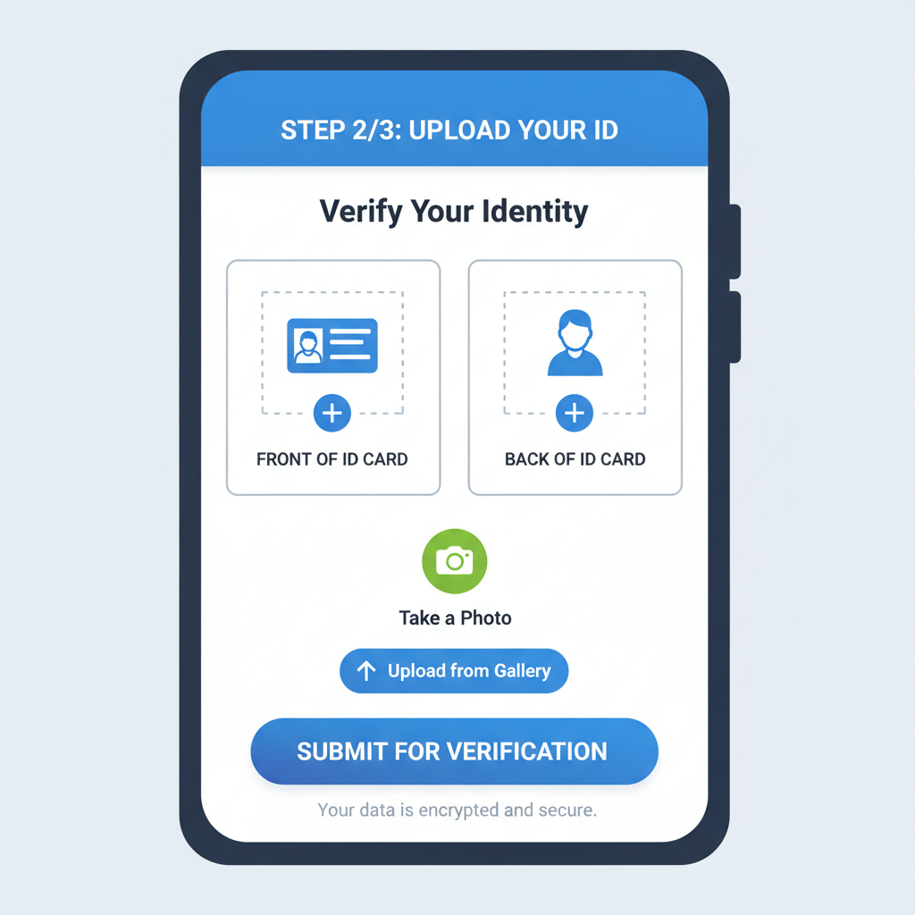 smartphone app screen with ID upload form for brokerage verification