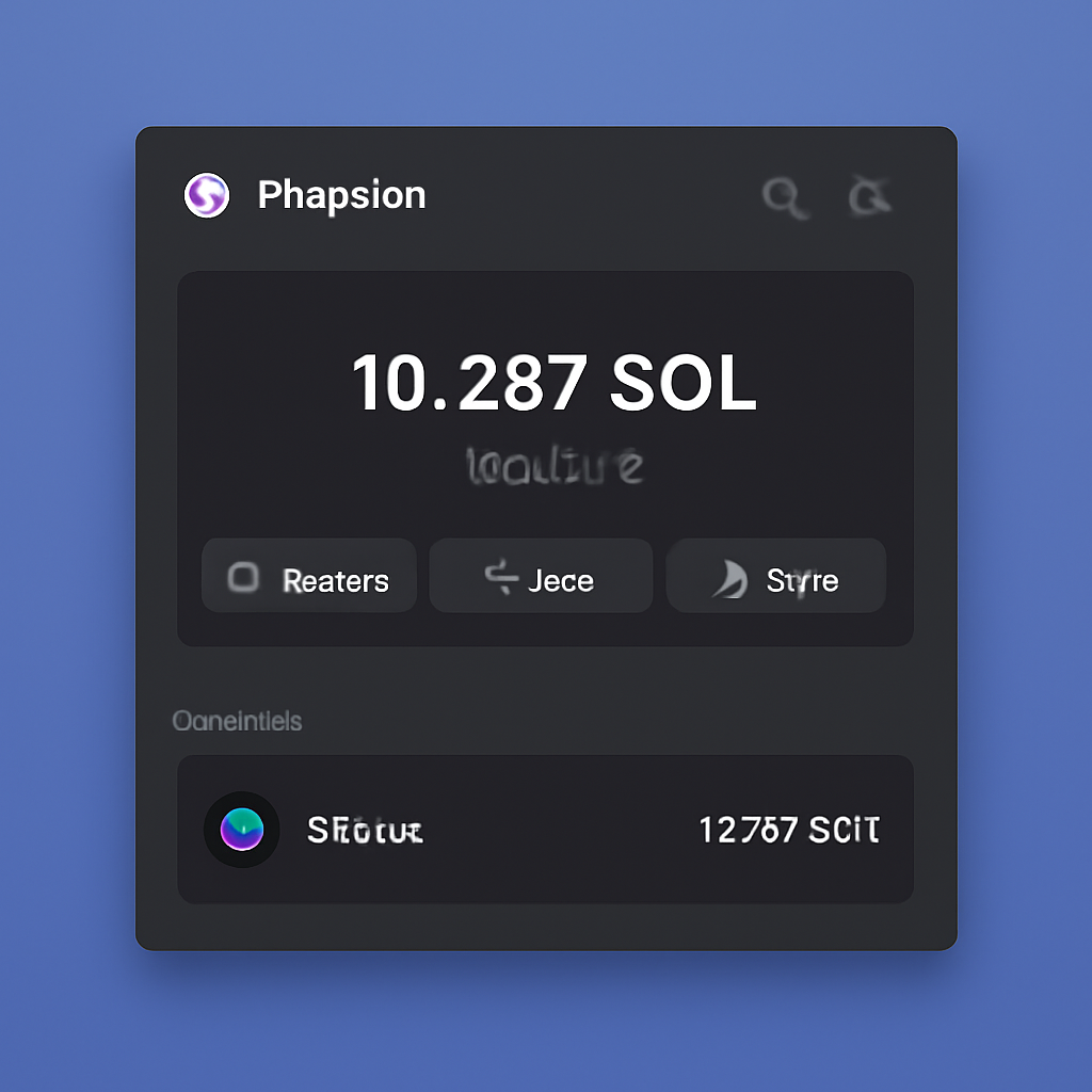 sleek Phantom Solana wallet interface on desktop, SOL balance visible, clean blue theme