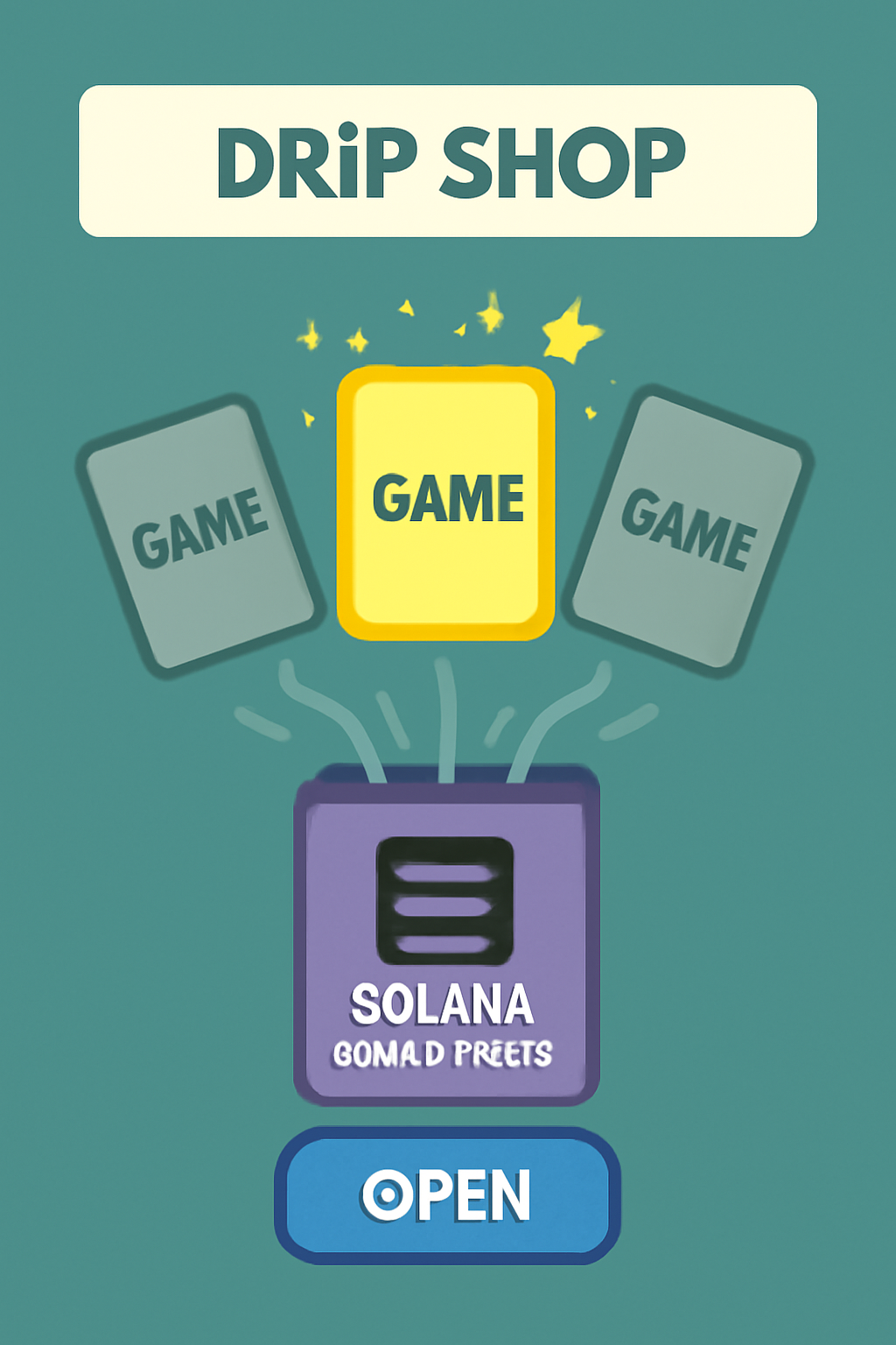DRiP SHOP reveal interface, opening Solana Game Pass pack, cards flying out, rare glow