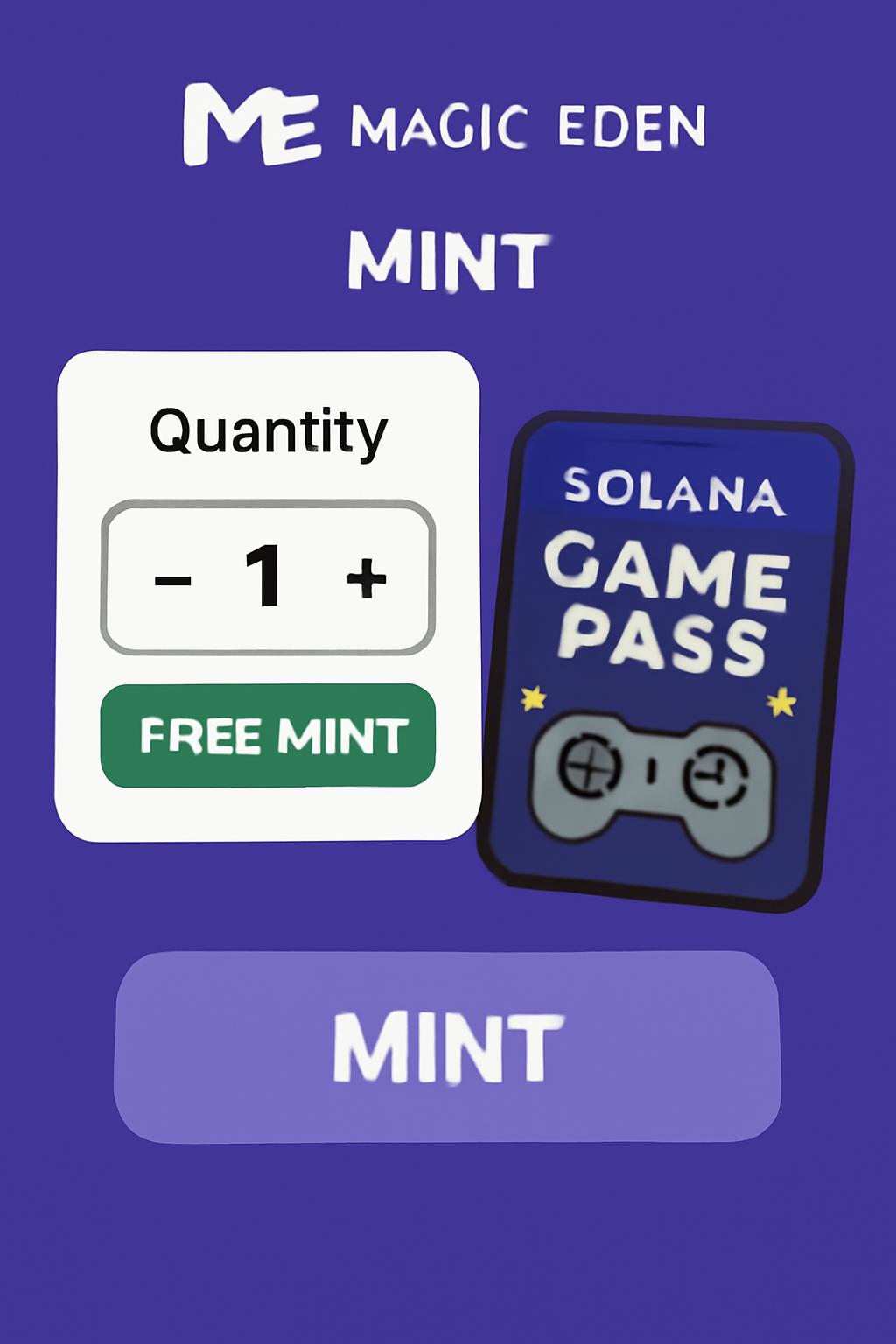 Magic Eden mint interface, quantity selector for 1-2 packs, free mint label, Solana Game Pass art