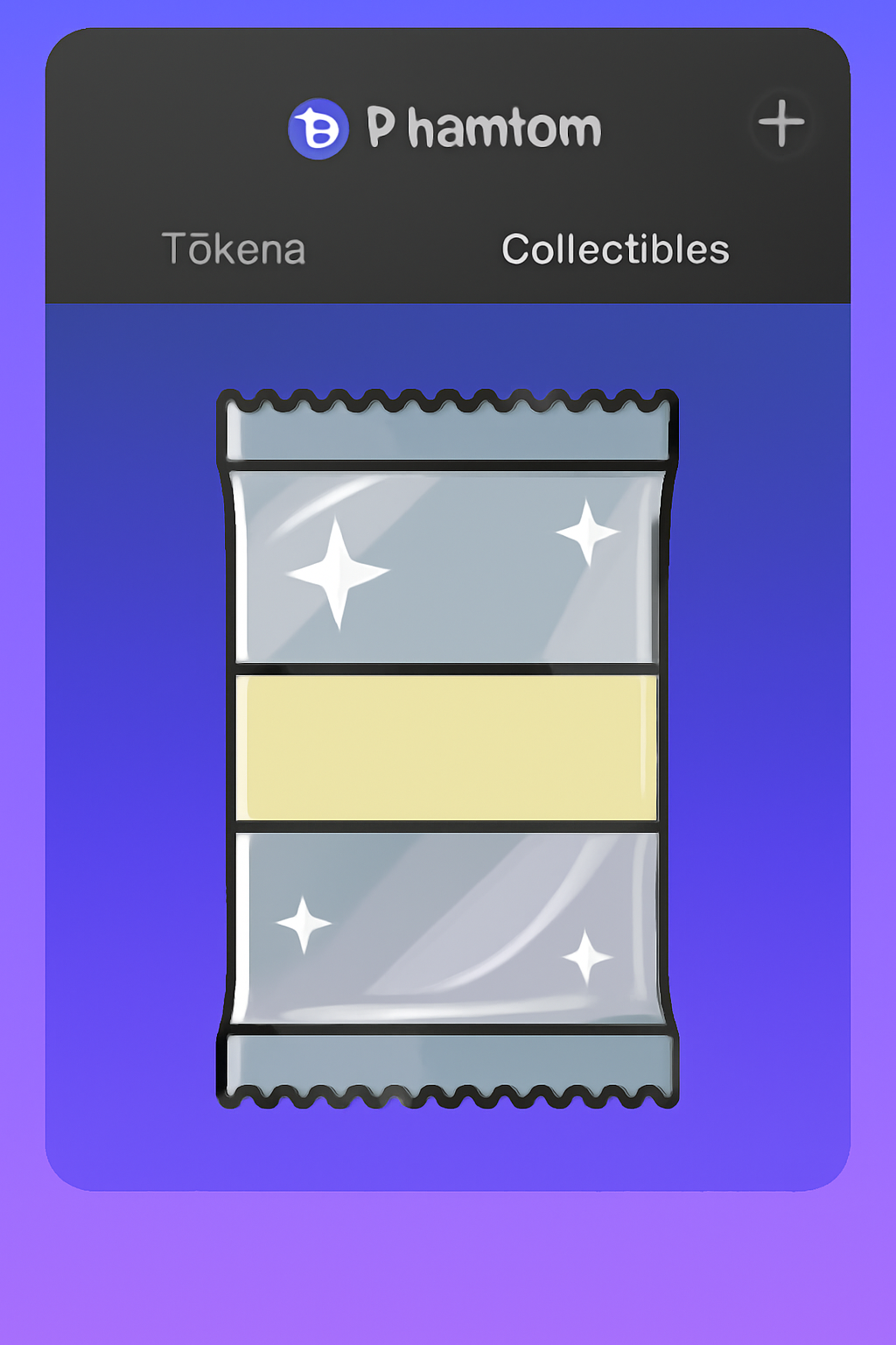 Phantom wallet collectibles view, sealed booster pack NFT displayed, shiny foil effect
