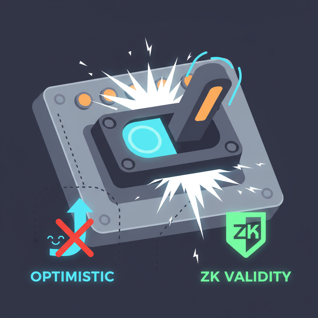 electric toggle switch slamming from optimistic to ZK validity mode, sparks flying, futuristic control panel