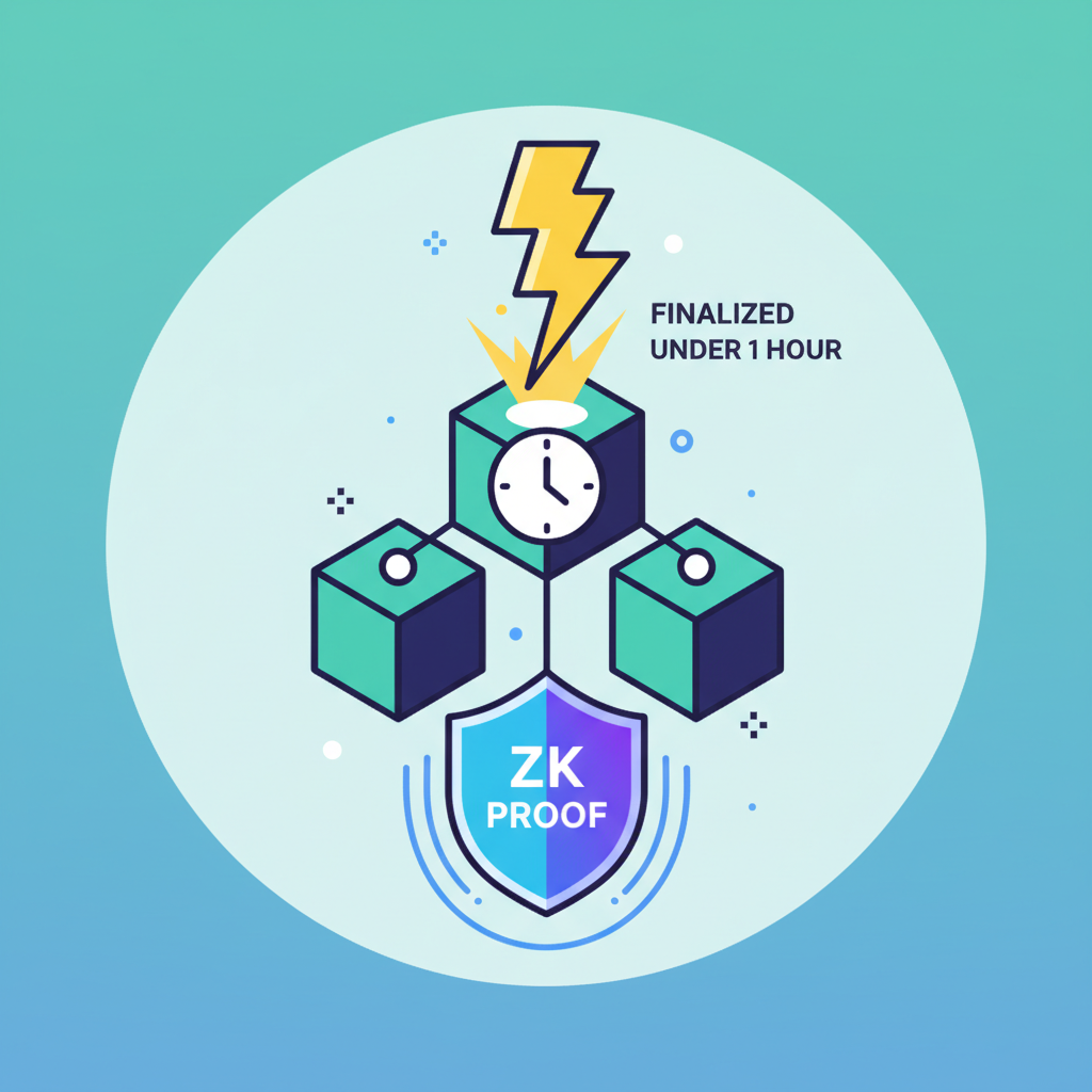 lightning bolt finalizing blockchain block in under 1 hour clock, ZK proof shield glowing triumphantly