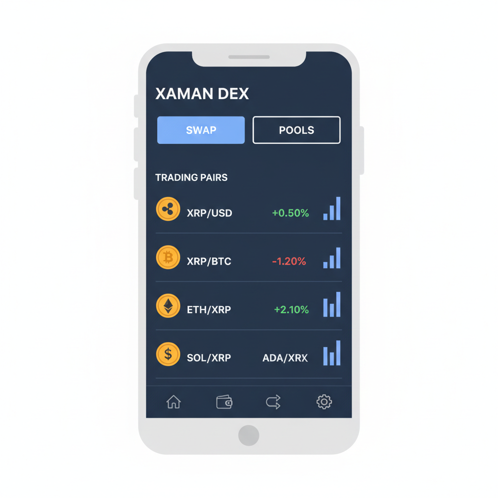 Xaman app DEX interface with trading pairs list