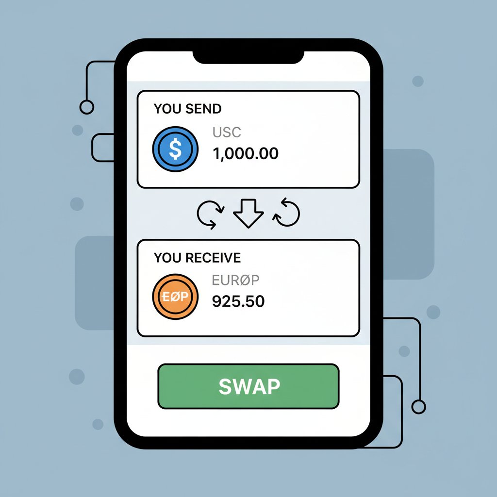 Xaman swap interface showing USDC to EURØP conversion