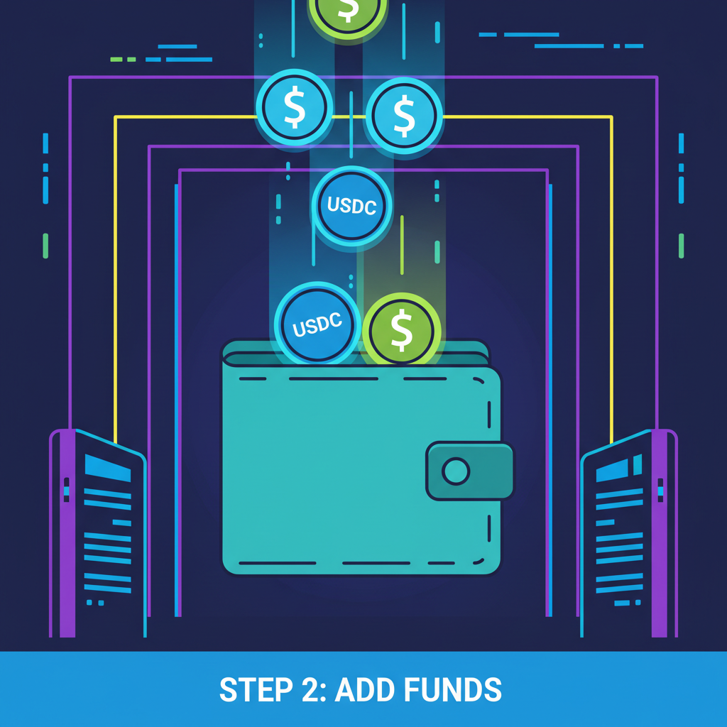 crypto wallet filling with glowing USDC coins, neon vault background