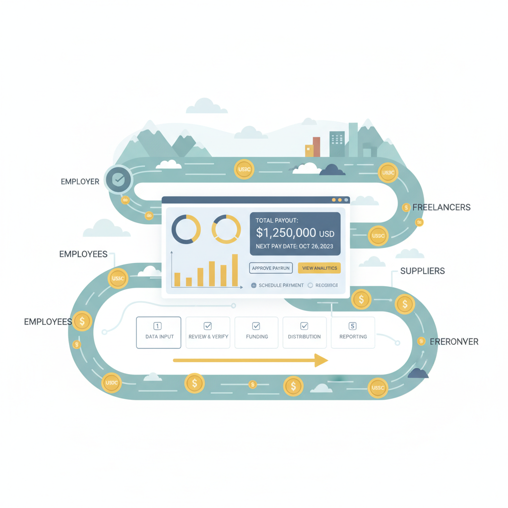 payroll stream flowing like river of gold USDC, control dashboard overlay