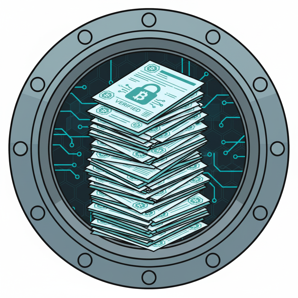 stack of 1099 forms with blockchain verification stamps, secure vault