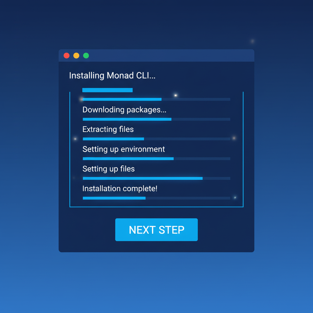 terminal installing Monad CLI, glowing code lines, futuristic blue UI