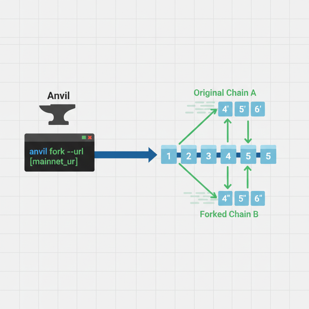 anvil fork command running, forked blockchain visualization, parallel arrows speeding