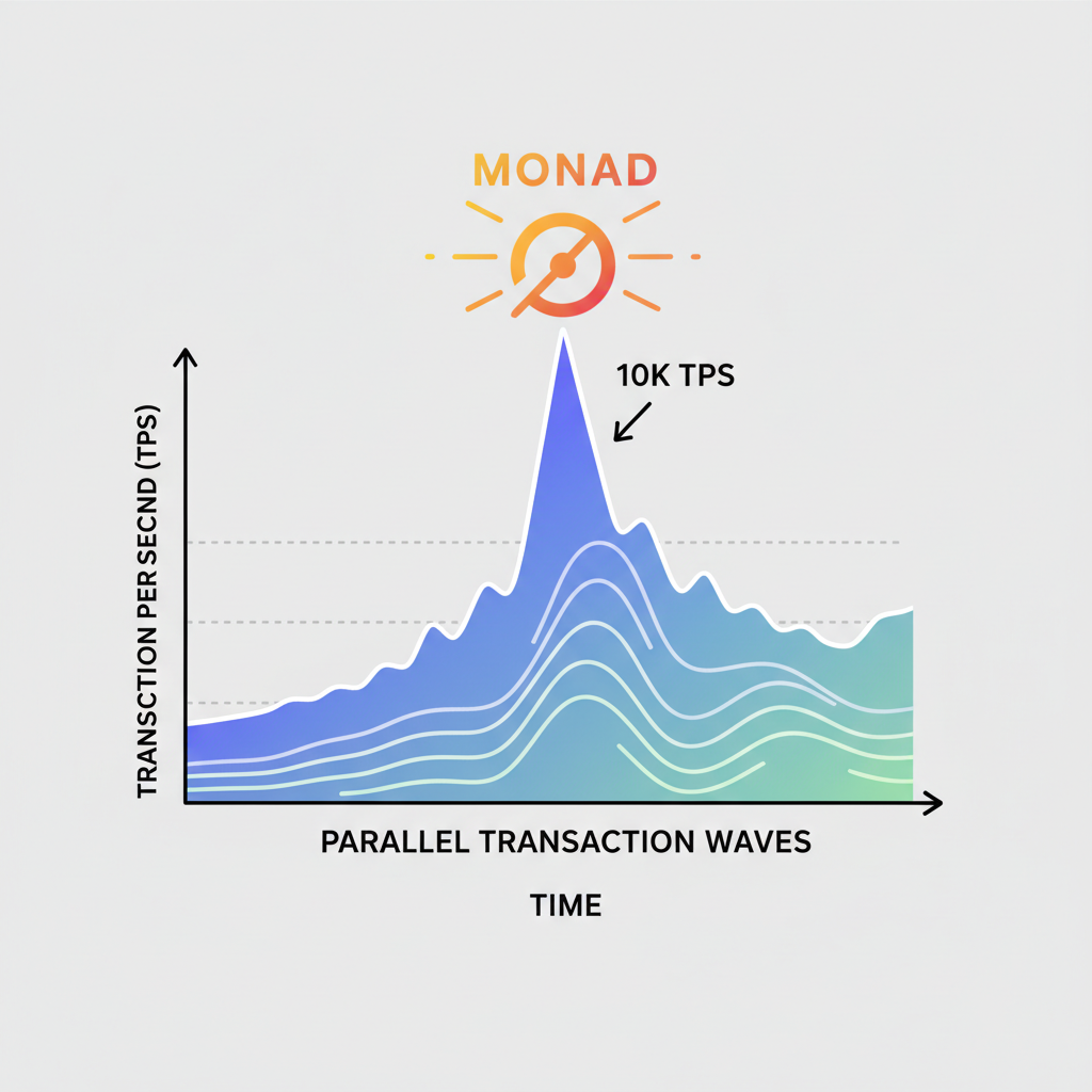 graph showing 10k TPS spike, parallel transaction waves, Monad logo triumph