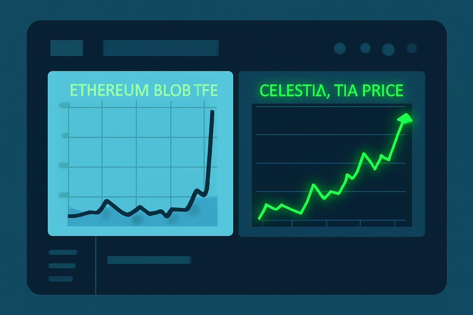 dashboard monitoring Ethereum blob fee spike graph with Celestia TIA price chart glowing green