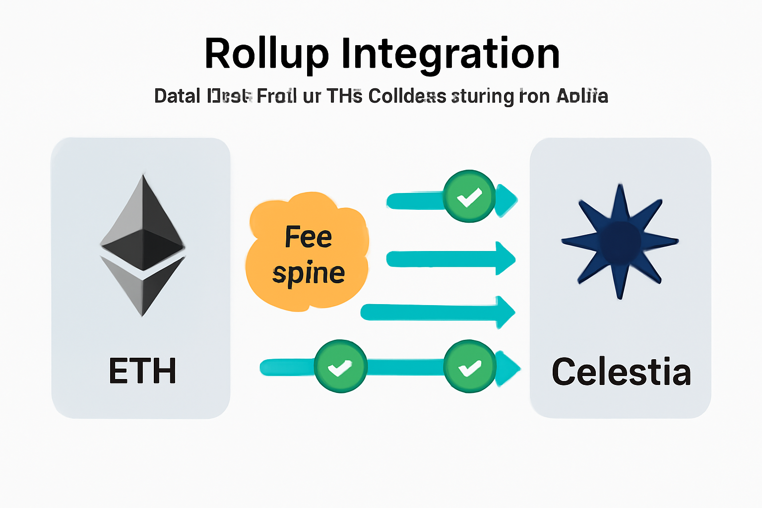rollup integration diagram showing data flow from ETH to Celestia during fee spike with success checkmarks