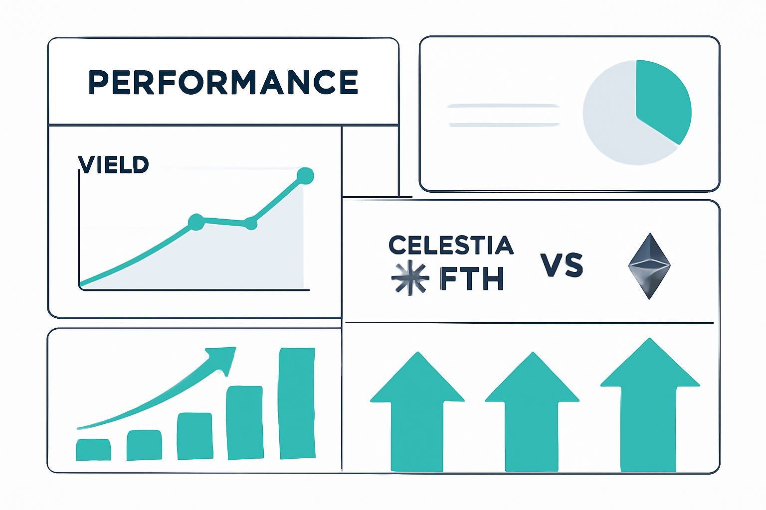 performance dashboard with yield charts, Celestia vs ETH fees, green upward arrows
