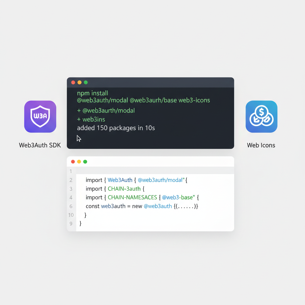 npm install command in terminal for Web3Auth SDK, Web3 icons, clean code editor