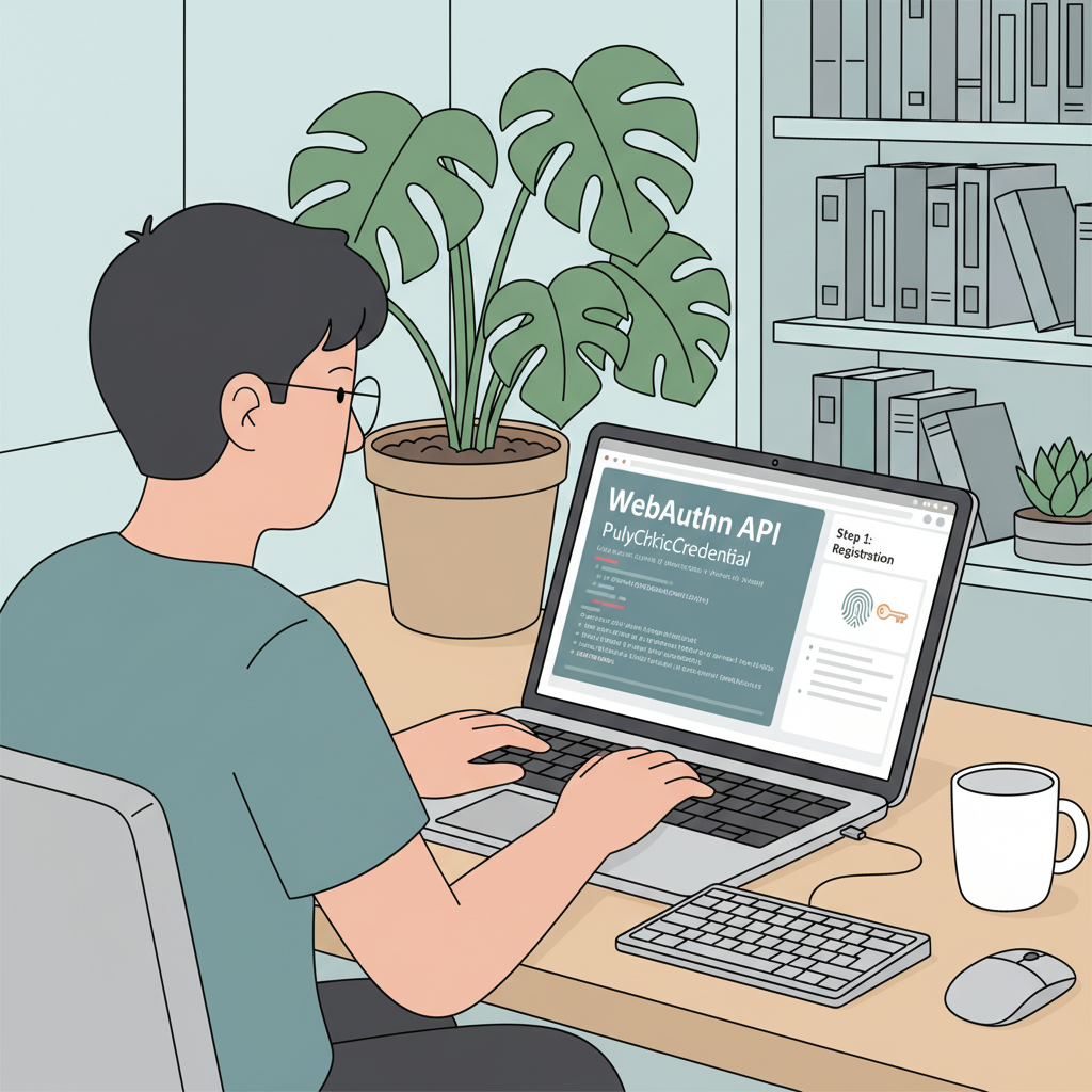 developer studying WebAuthn documentation on laptop, code snippets visible, professional workspace