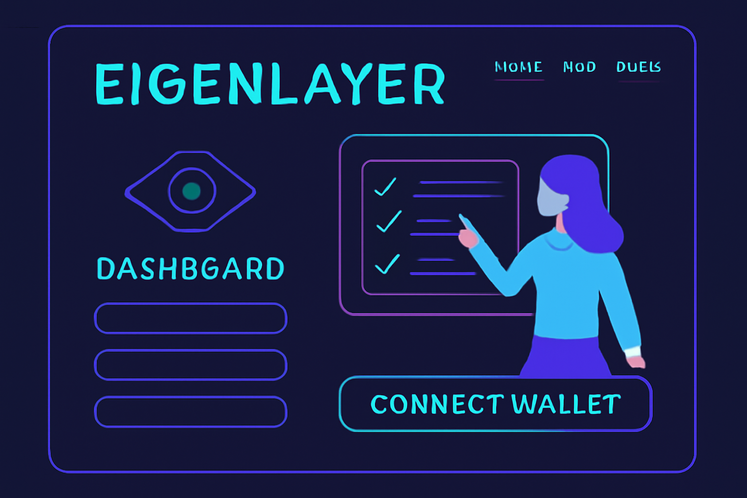 futuristic EigenLayer dashboard homepage with wallet connect button, blue purple neon crypto UI