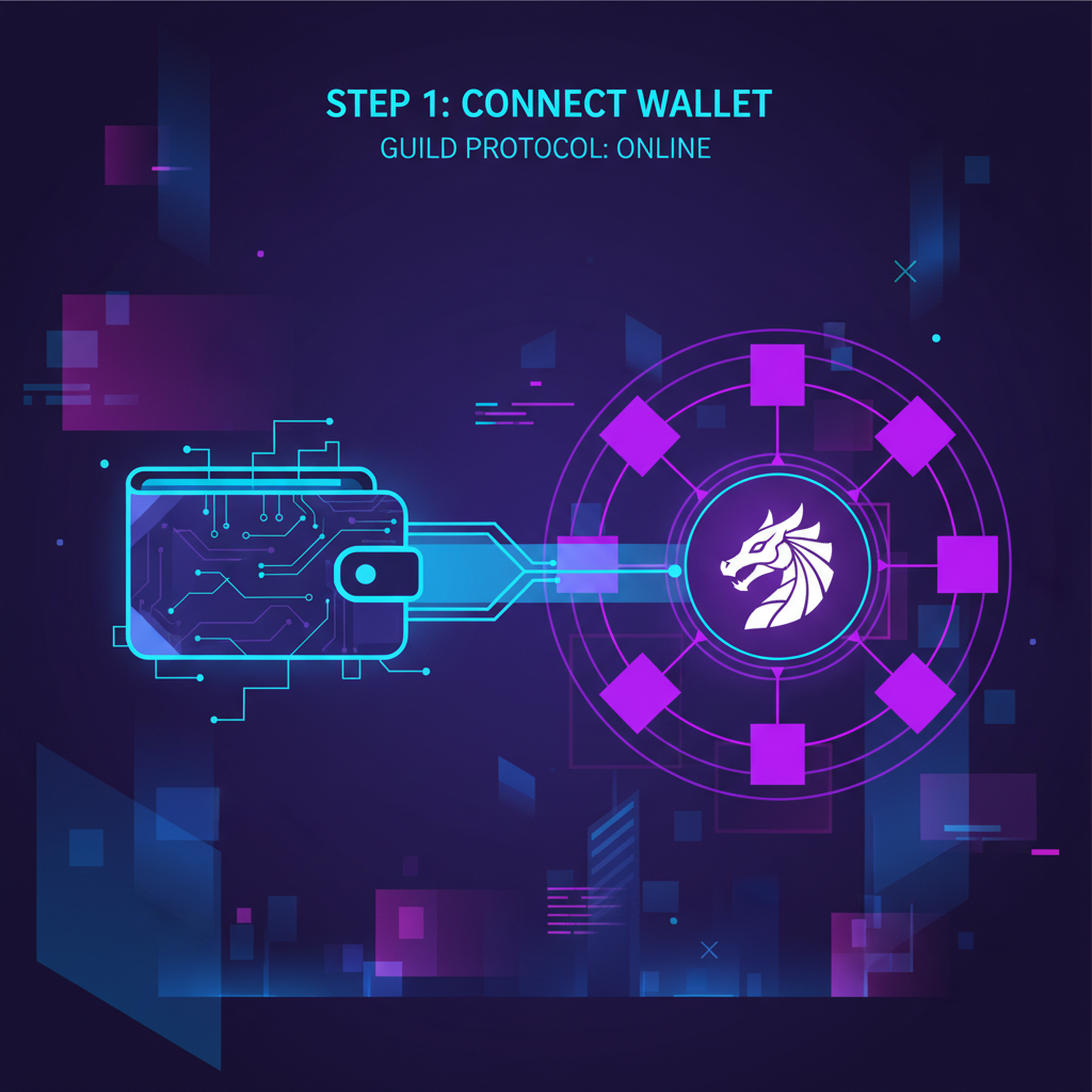 neon futuristic wallet connecting to blockchain guild platform, cyberpunk style, vibrant blues and purples