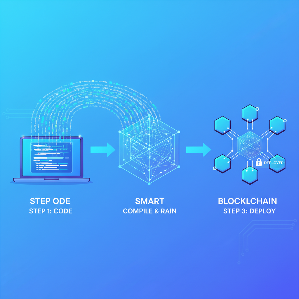 code compiling into smart contract deployment on blockchain, holographic code raining, tech builder vibe