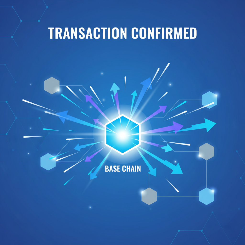 exploding transaction arrows on blockchain network, speed lines, Base chain nodes lighting up