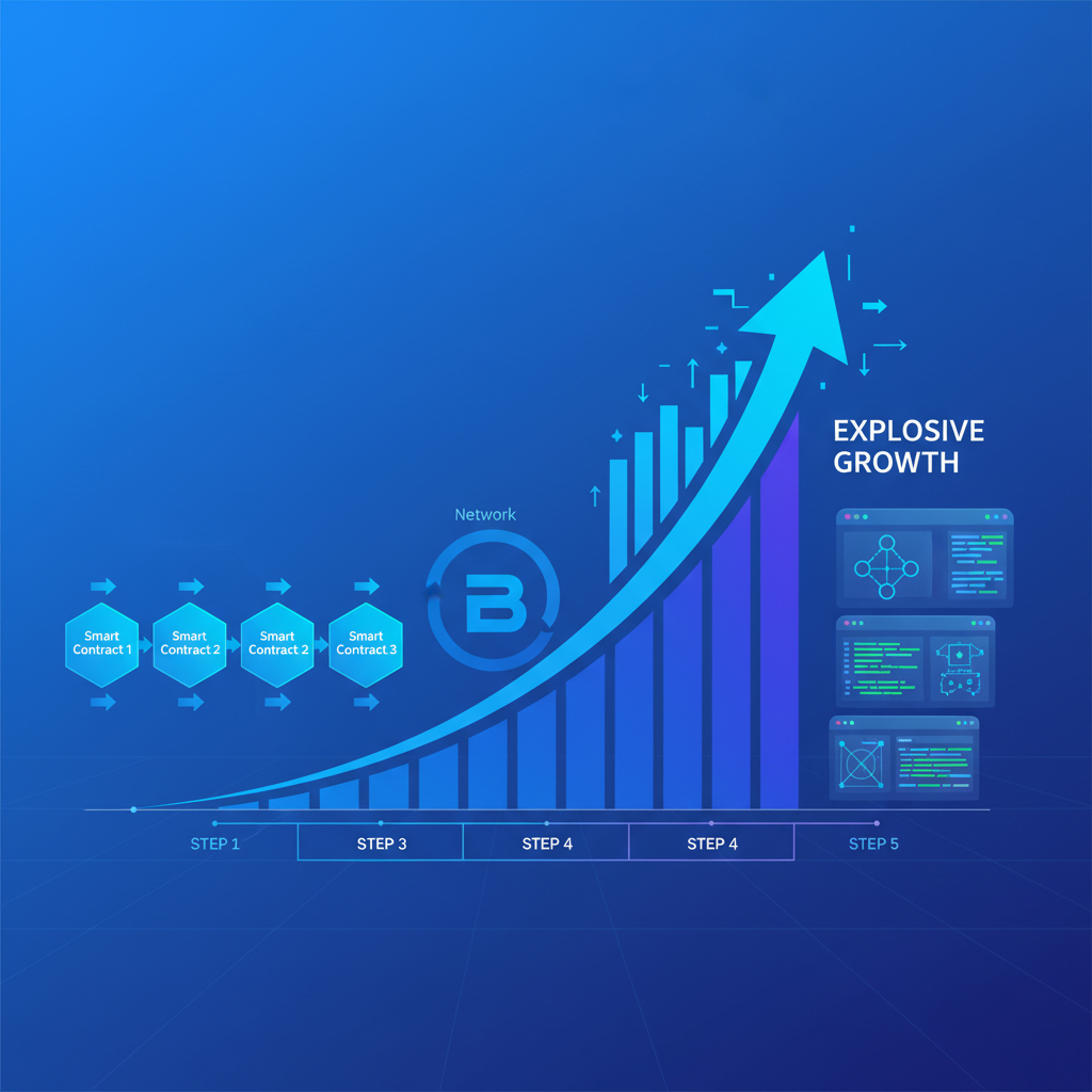 multiple smart contracts deploying in sequence on Base network, explosive growth chart, futuristic dev tools