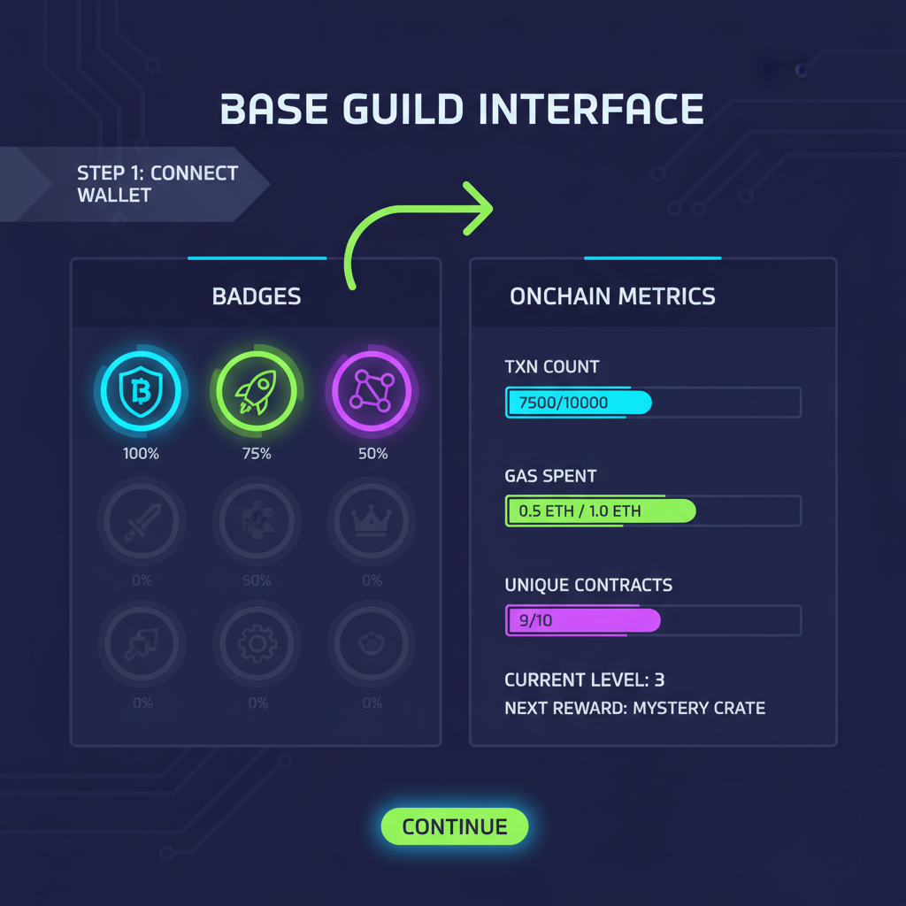 dashboard tracking badges and onchain metrics, glowing progress bars, Base Guild interface cyber aesthetic