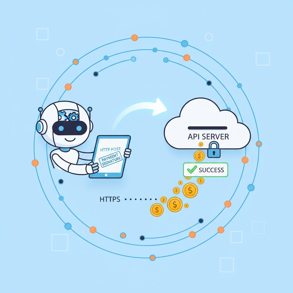 AI agent making HTTP request with payment signature, money flowing to API server, dynamic network graph