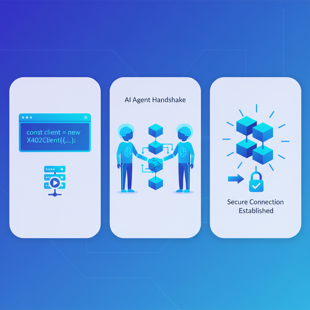 code snippet initializing x402 client, AI agent handshake with blockchain, vibrant blues