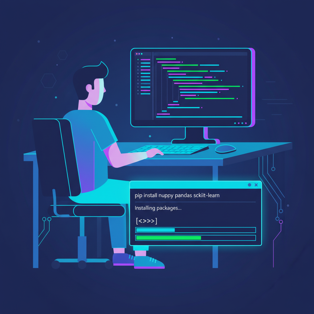 developer at desk installing python packages in terminal, futuristic neon glow, code on screen