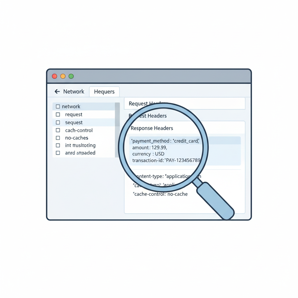 magnifying glass over JSON headers in network tab, parsing payment details, clean dev tools interface