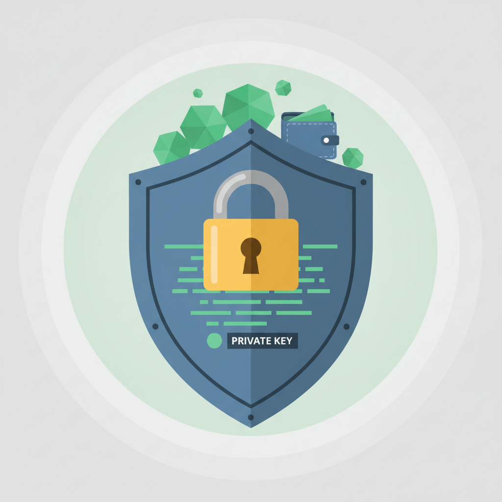 security shield protecting private keys and wallet, padlock over code, green safe glow
