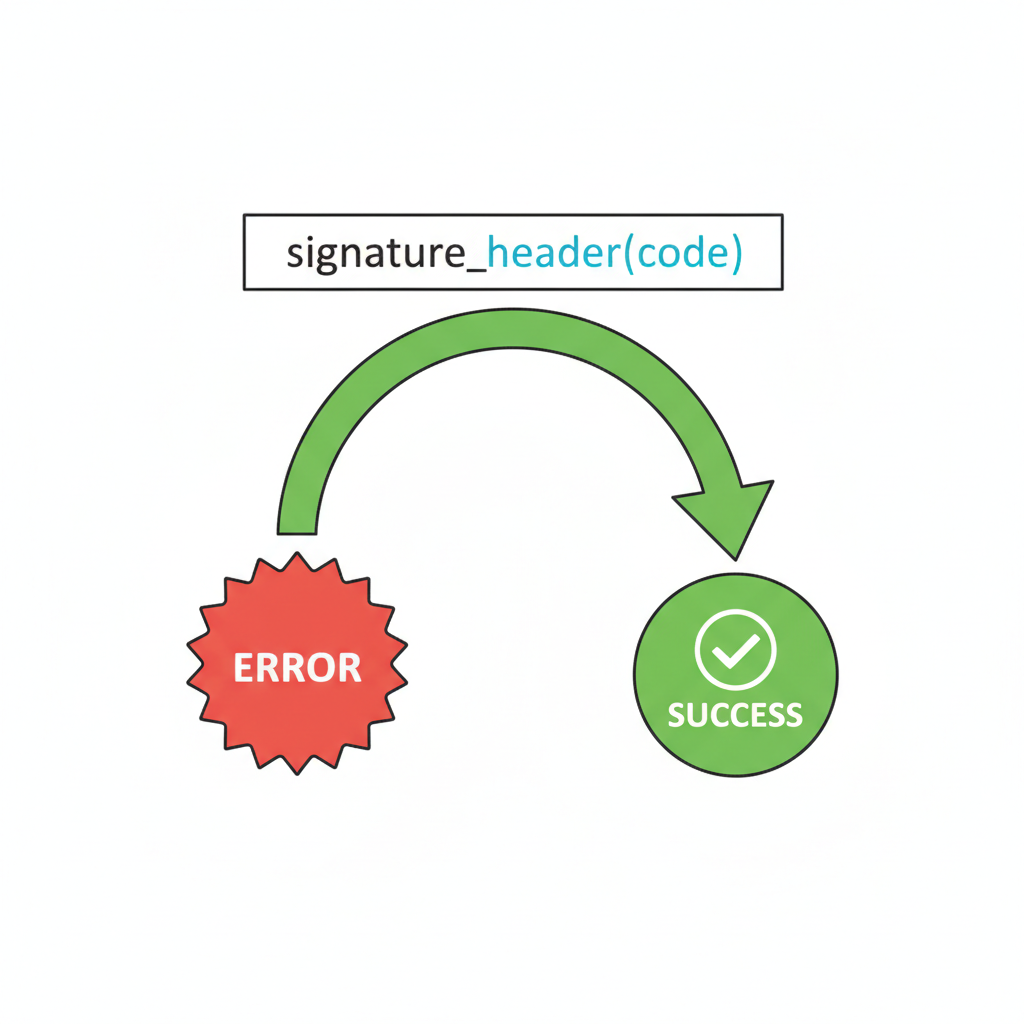 arrow looping from error to success, adding signature header in code, green checkmark