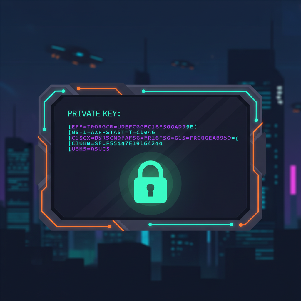 secure ethereum wallet private key on screen, glowing lock icon, cyberpunk style