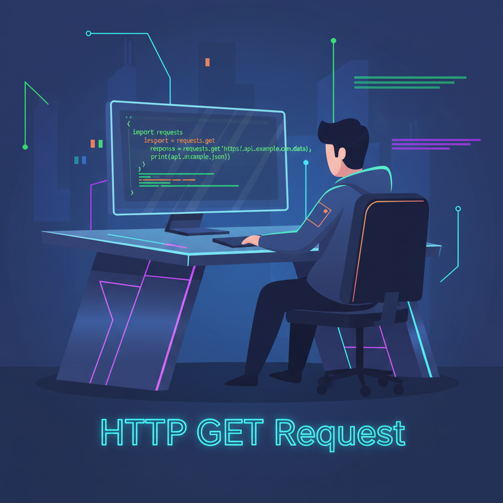 developer at desk typing python code for API request, futuristic neon glow, code on screen showing HTTP GET