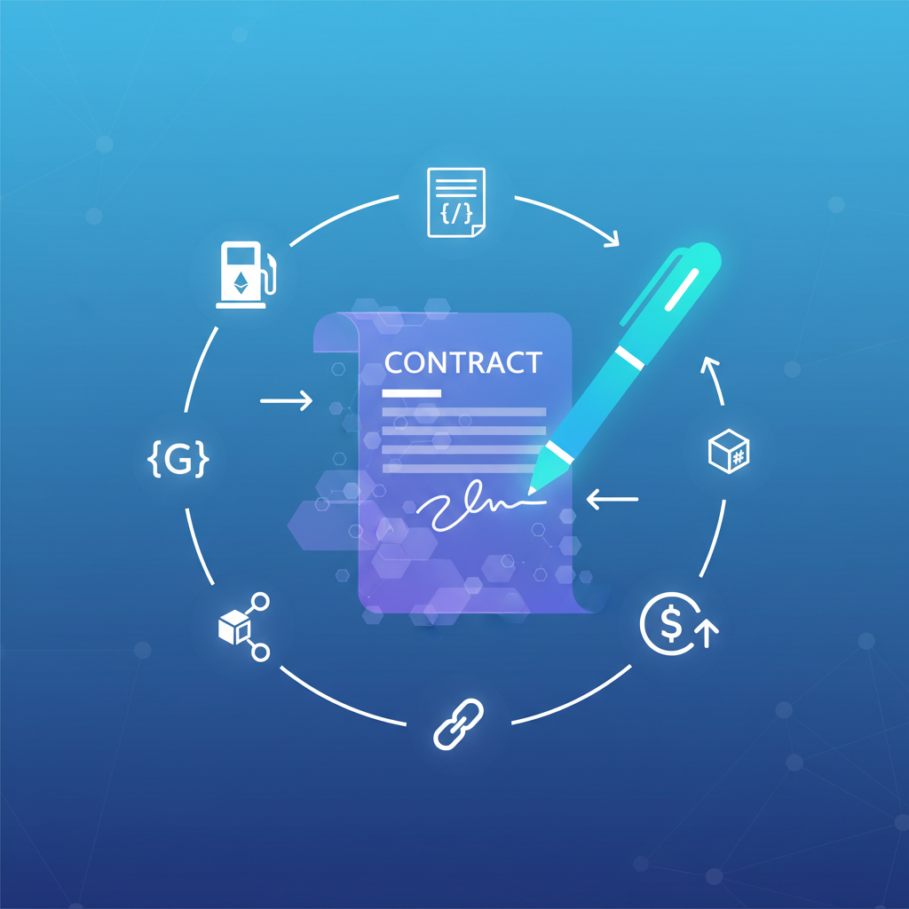 digital signature on blockchain payment, glowing pen signing ethereal contract, evm icons