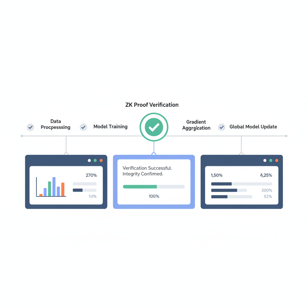 ZK proof verification checkmark, integrated into federated ML pipeline dashboard