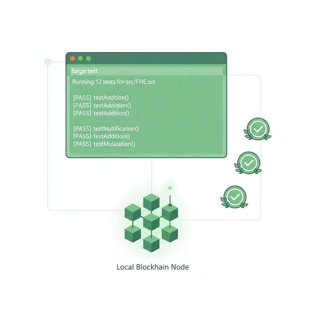 terminal running forge test on FHE contract, green pass icons, local blockchain node
